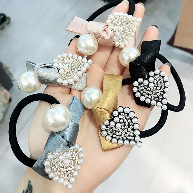 Houndstooth cloth bow hair rope color diamond pearl hair ring thick rubber band ponytail ties fashion hair accessories for women