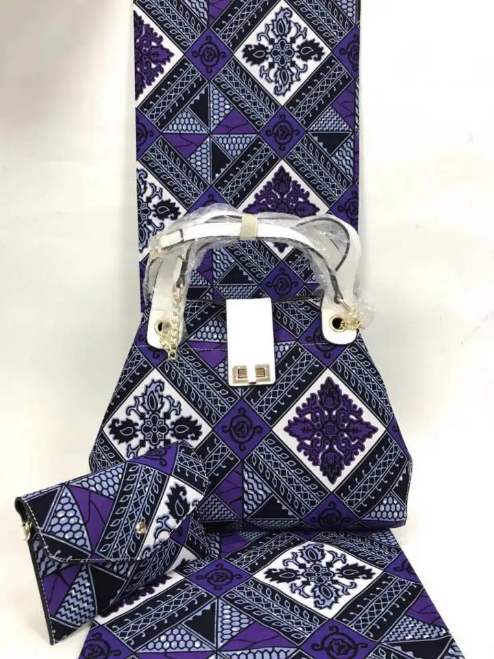 

6Yards Top sale purple and black printed pattern hollandais wax match african big handbag set for party VB14