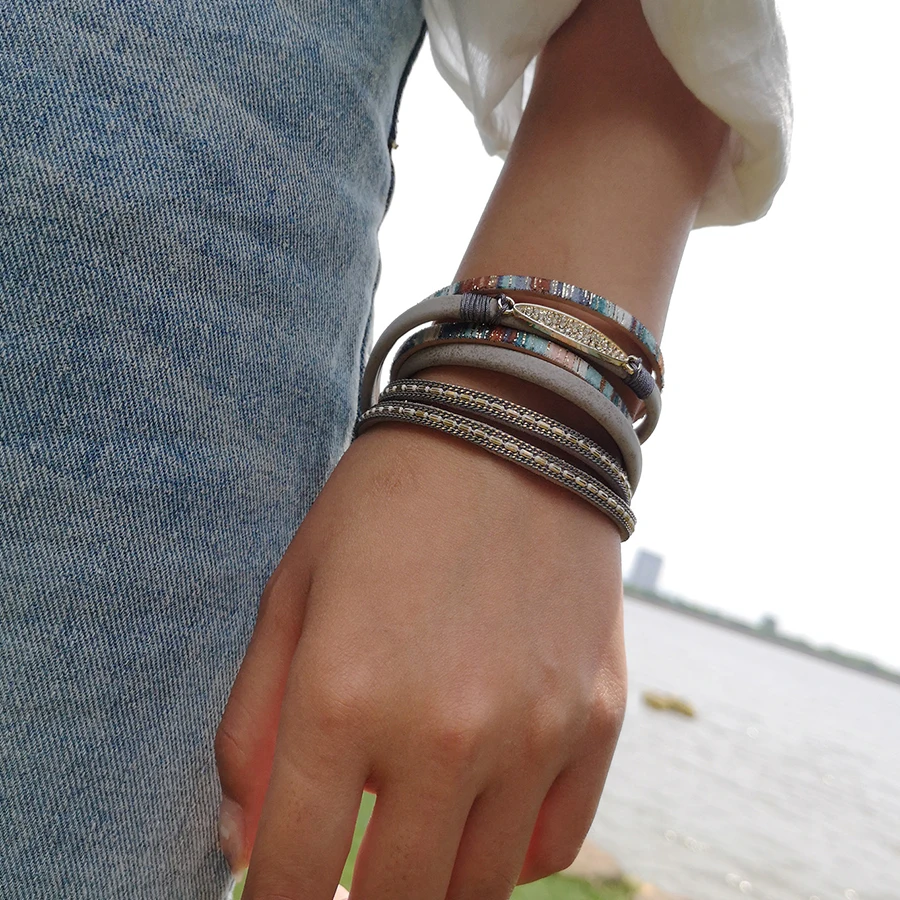

Rinhoo Latest Fashion Multilayer Leather Buckle Magnetic Bracelets Bangle Women Girls Bohemian Jewelry Alloy Rhinestone Bracelet