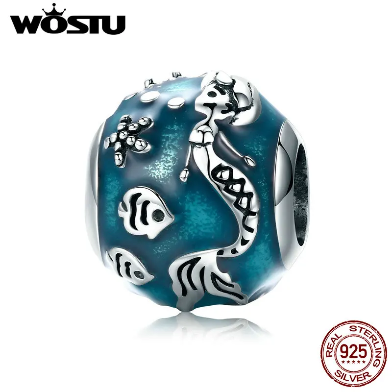 

WOSTU 2019 Fashion New Real 925 Sterling Silver Sea Blue Mermaid Bead fit Original DIY Bracelet Necklace Jewelry Making CQC819