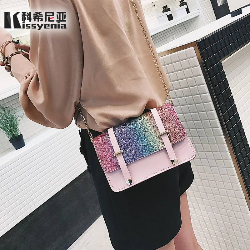 

Kissyenia Luxury Designer Women PU Leather Flap Bags Rainbow Shimmer Lady Handbags Day Clutch Female Bling Sequin Purse KS1082