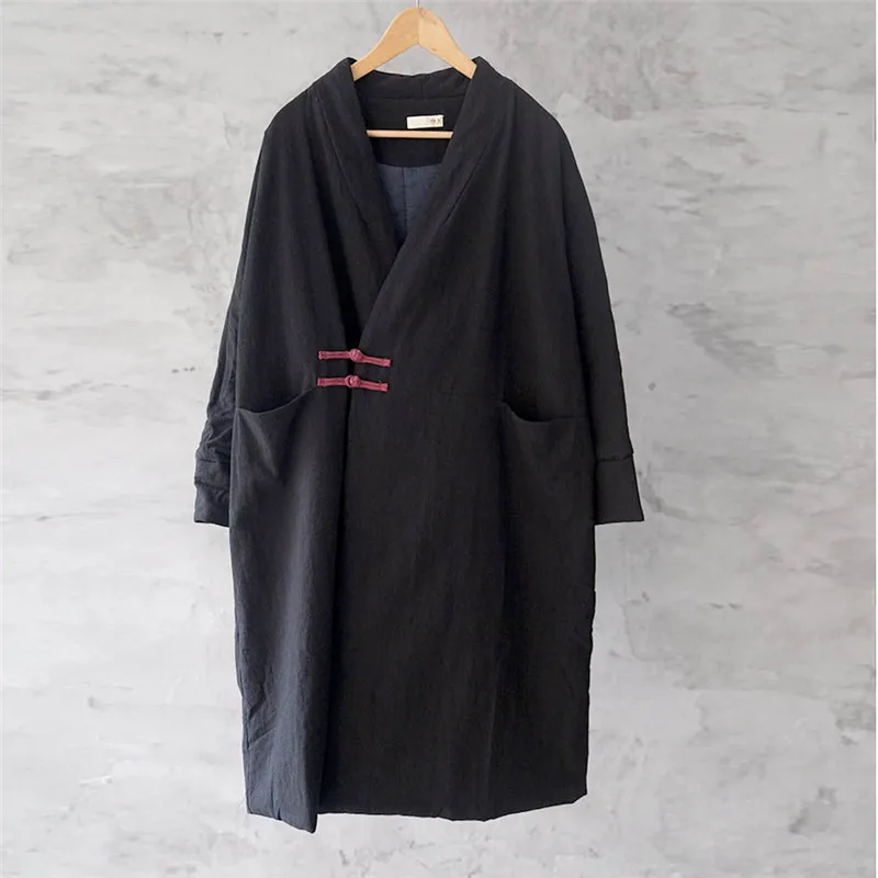 Новинка года, плотные винтажные оригинальные зимние теплые куртки в китайском стиле с v-образным вырезом, двубортные Женские пальто с хлопковой подкладкой - Цвет: Черный