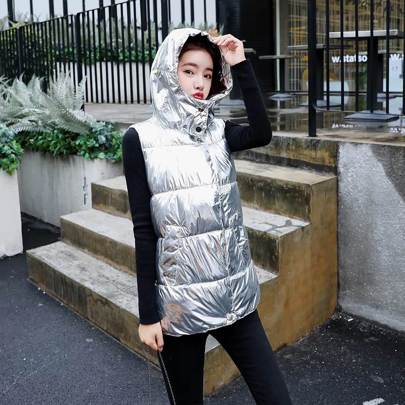 Silver Metal Bright Vest Women Zipper Pocket Jacket Winter Warm Women's