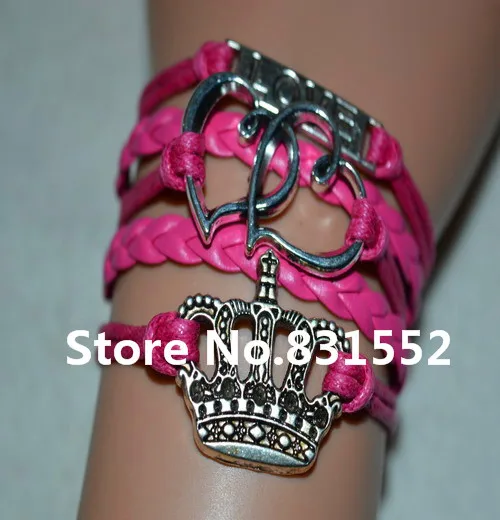 6Pcs 2015 Hot Sale New Fashion Leather Bracelets &amp Bangles Double Heart Imperial Crown LOVE Bracelet For Women Pink Wholesale | Украшения