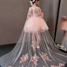 Платья с цветочным узором для девочек; Glizt; розовое кружевное платье с аппликацией для девочек; свадебное платье со шлейфом; платья костюмы для детей; Детская летняя одежда