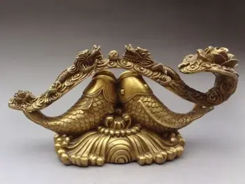 

Chinese Brass Feng Shui Folk Dragon Flower Wealth Two Fish Statue lucky