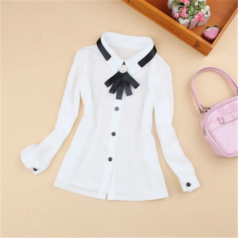 2-16Y Spring Fall Chiffon Bow Pearl Long Sleeve Blouses School Girl White Shirts AA2109