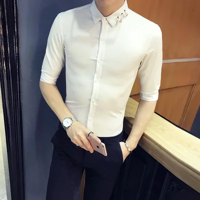 Мужская летняя рубашка с коротким рукавом Гавайская рубашка Slim Fit белая рубашка для Для мужчин жемчужный воротник дизайн Для мужчин Modis черный Chemise Homme - Цвет: White Shirt Men