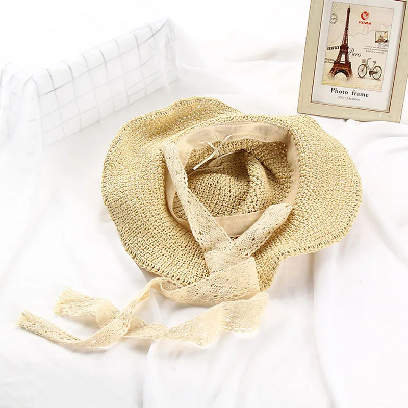 Fashion Women Lace Ribbon Bow Foldable Straw Hat Ladies Wide Brim Floppy Cap Summer Girls Travel Beach Boater Hats CP0262  (6)