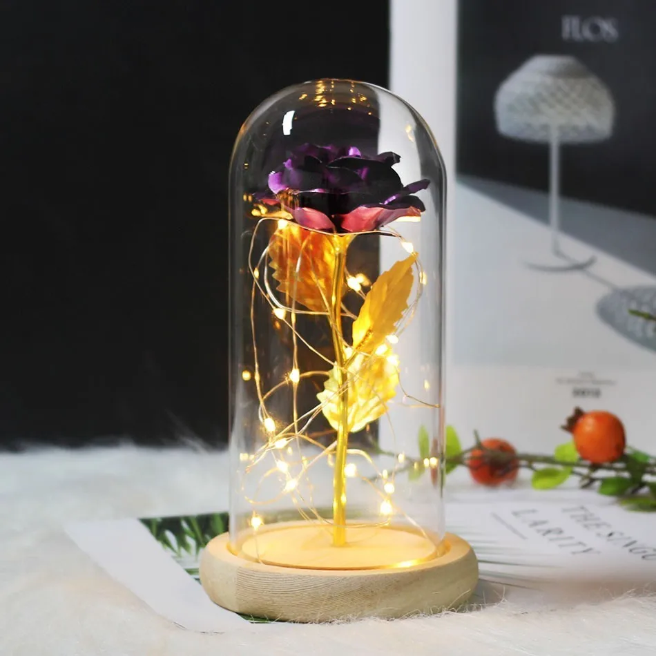 

2019 Beauty And The Beast Gold-plated Red Rose A Glass Dome Withrose in the bulb Wooden Base For Valentine's Mother's Day Gifts