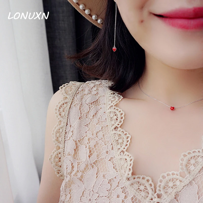 

925 Sterling Silver Necklace lovely Handmade Red drop glaze love female fresh peach heart pendant High quality female jewelry