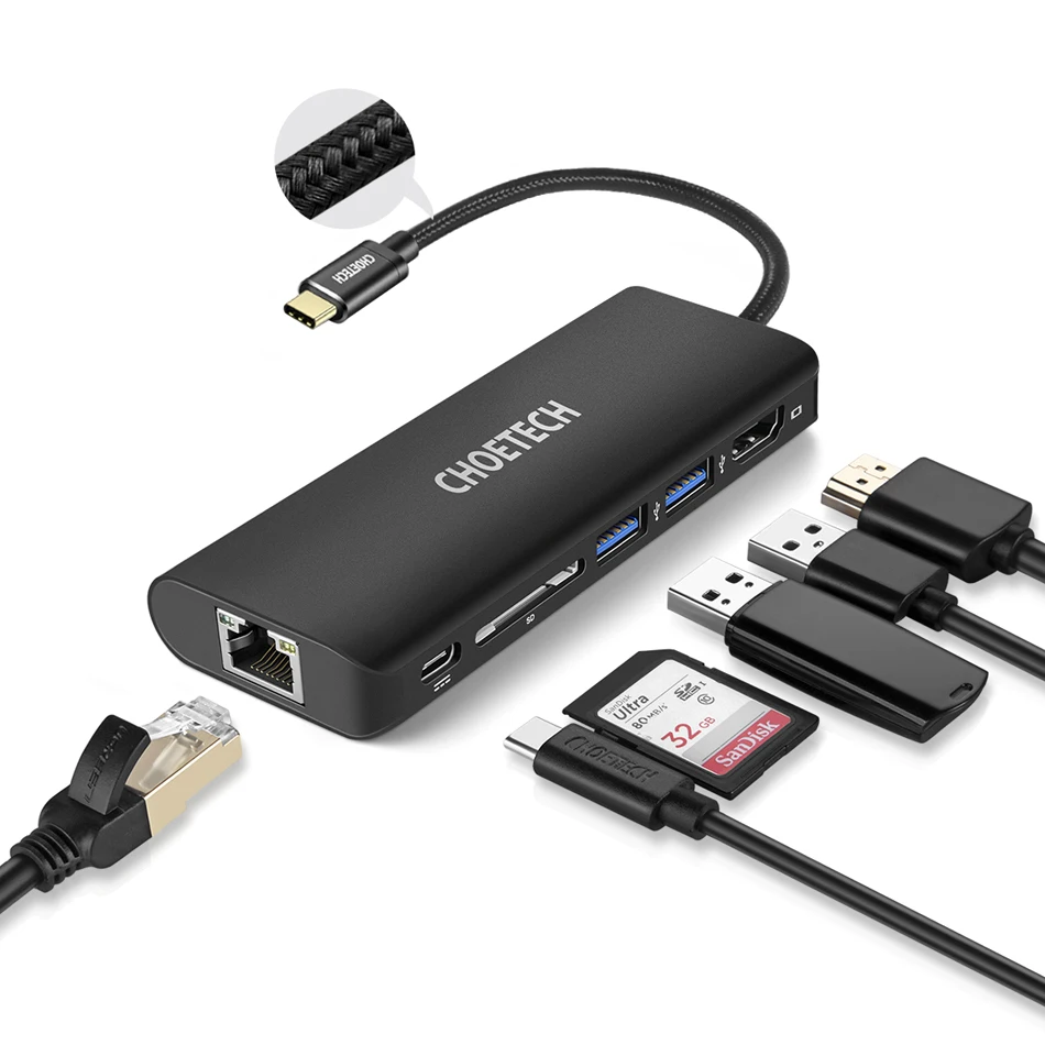 CHOETECH USB концентратор USB-C многопортовый адаптер PD зарядное устройство 4K HDMI SD кардридер 2 USB 3,0 порта 3,1 Тип C док-станция для MacBook