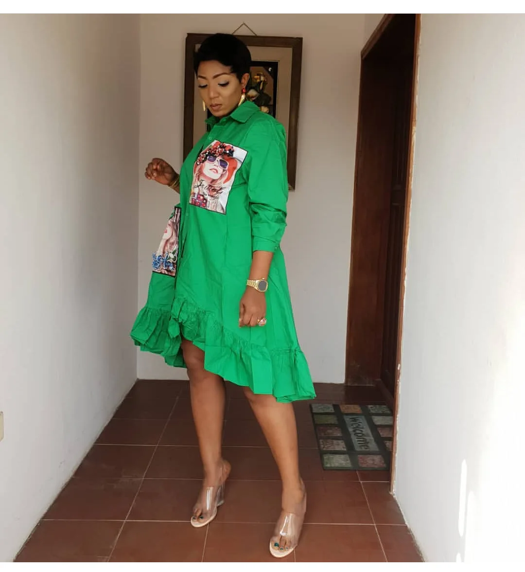 Африканские платья для женщин, африканский дизайн, Базен, длинный рукав, Дашики, платье для леди, африканская одежда, красивое изображение, платье-рубашка - Цвет: Зеленый