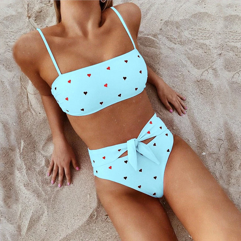 

Sexy Solid Swimwear Women Print Bikinis New Bow Bandage Bathing Suit High Waist Beachwear Tube Top Female Summer Swimsuit