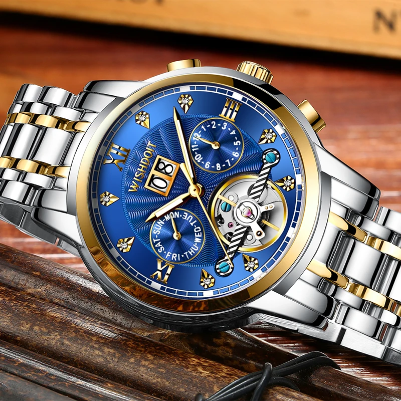 WISHDOIT новые мужские лучшие модные серебряные синие механические часы роскошные стальные водонепроницаемые спортивные часы Relogio Masculino