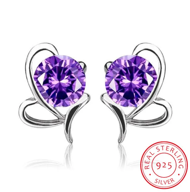

925 Sterling Silver Jewelry Shiny White/purple Zirconia Beating Heart Smart Crystal Stud Earrings Pendientes Oorbellen