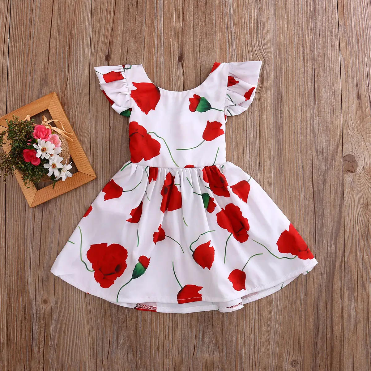 Summer Cute Baby Girl Rose Flower Print Dress Girls Princess Dress Kid