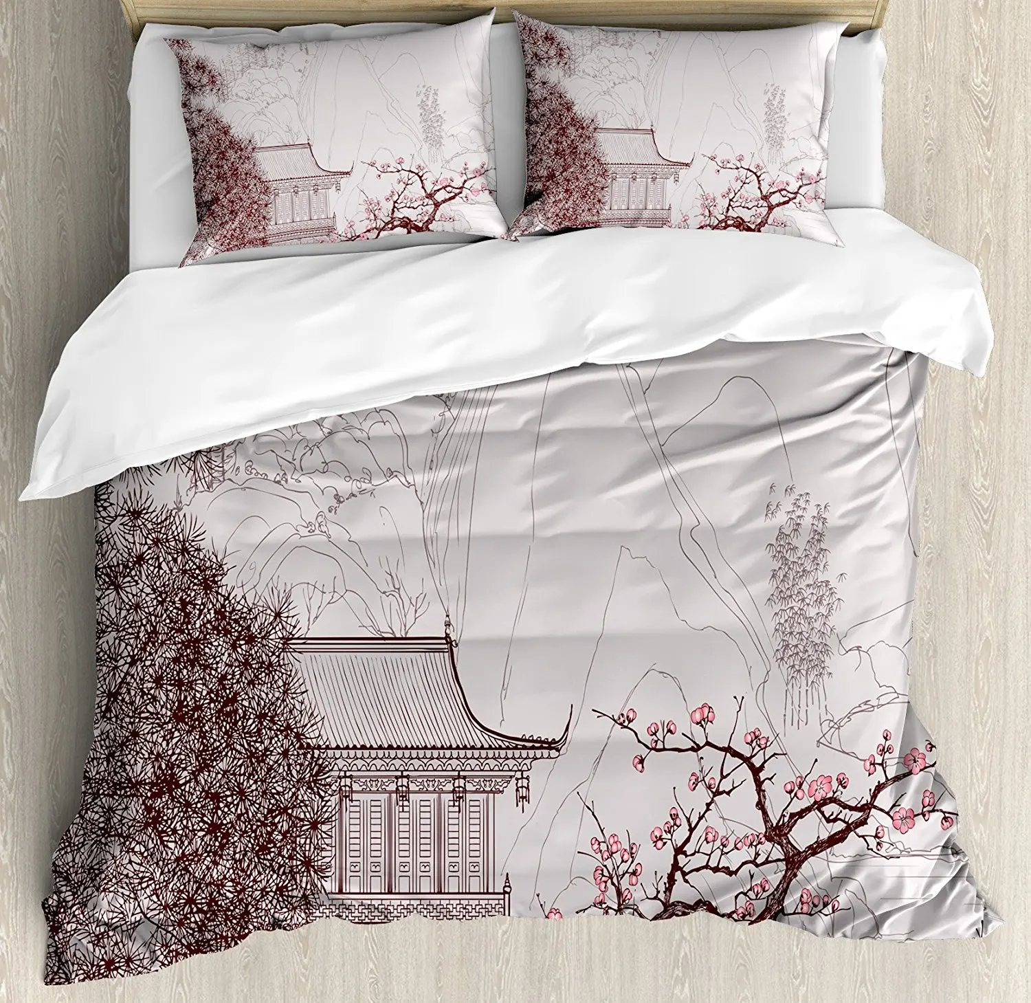 Asian Duvet Cover Set Chinese Religion Temple Sakura Trees