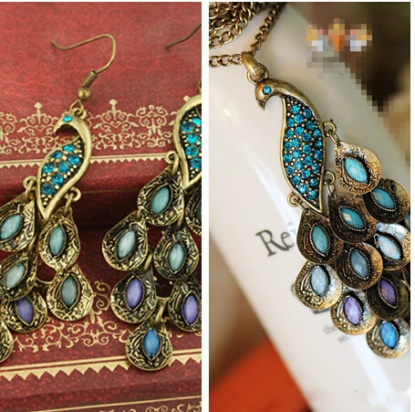 Classic Vintage Colorful Crystal Peacock Necklace Earring Jewelry Set ...