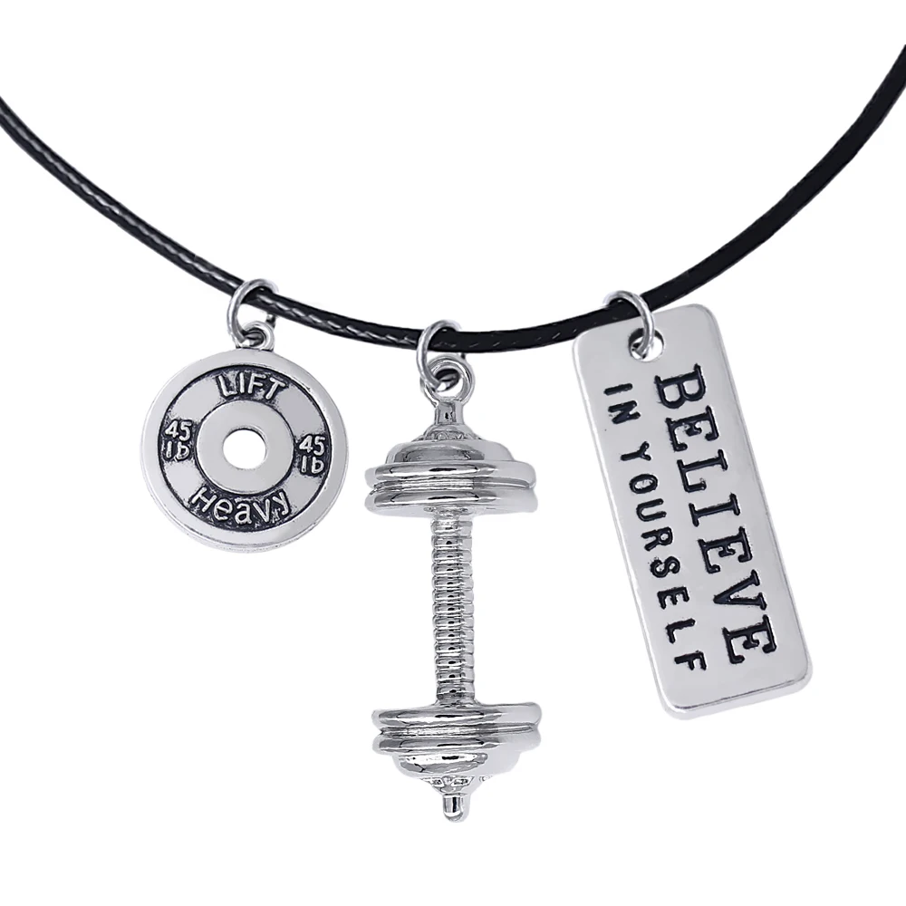 Weightlifting Sports Fan Jewelry Fitness 3D Metal Barbell Charm Combination Necklace FIT Gym