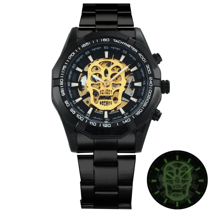 WINNER новые модные механические часы для мужчин череп дизайн лучший бренд класса люкс Золотой Нержавеющая сталь ремешок Скелет Человек Авто наручные часы - Цвет: BLACK GOLD