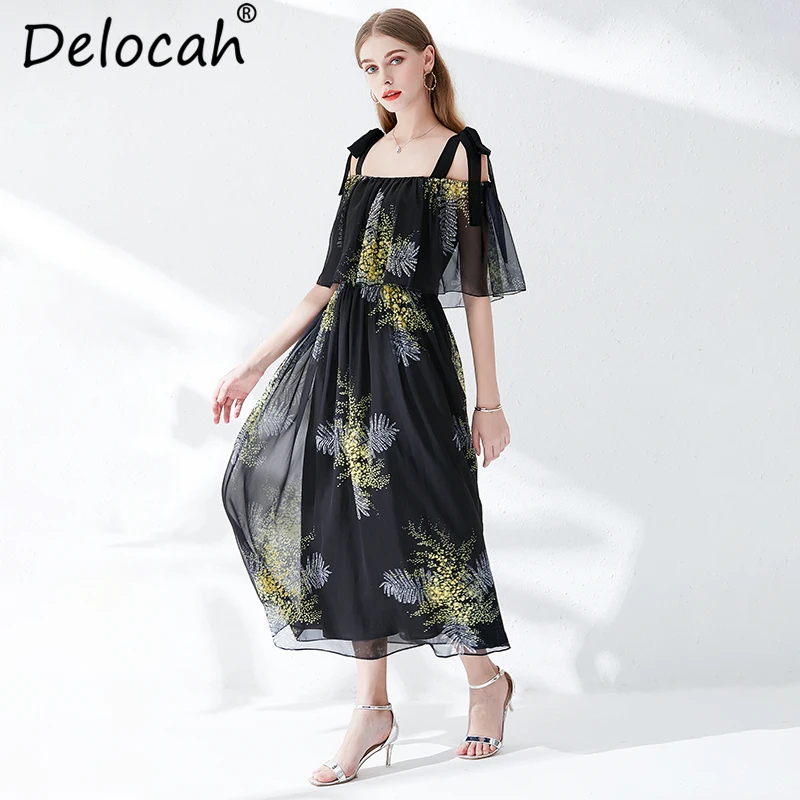 Delocah Women Summer Spaghetti Strap Dress Runway Fashion Designer Sexy Backless Floral Print Mesh Overlay Vintage Long Dress