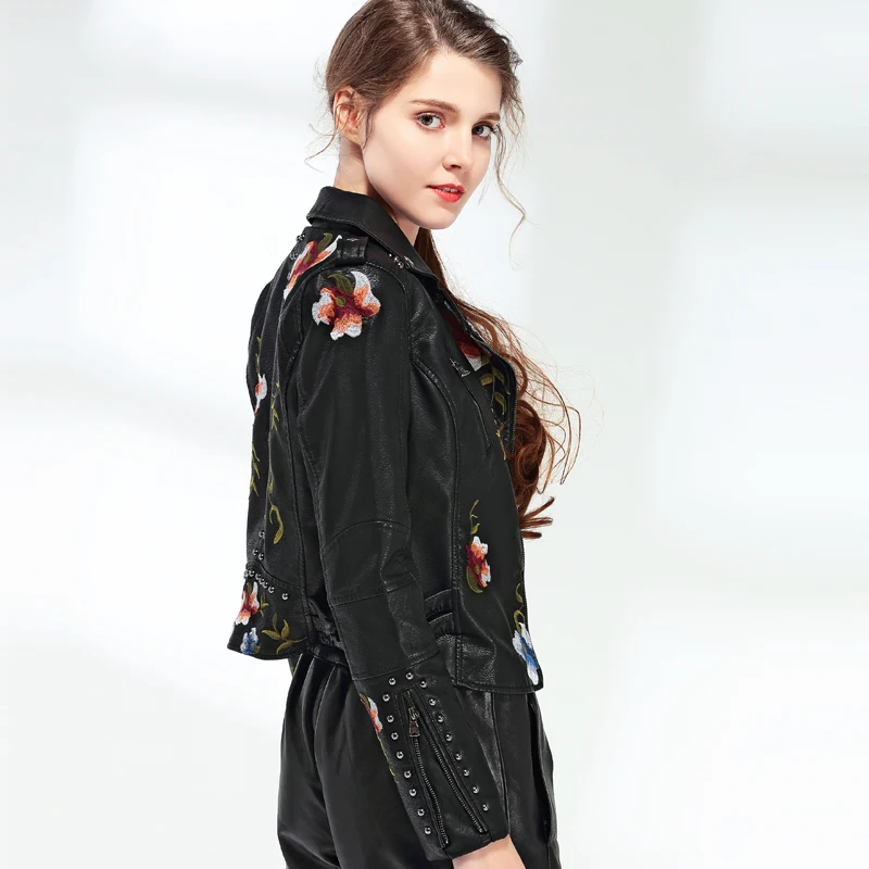 Women's Elegant Floral Embroidery Faux Leather Jacket Model Display Black Side