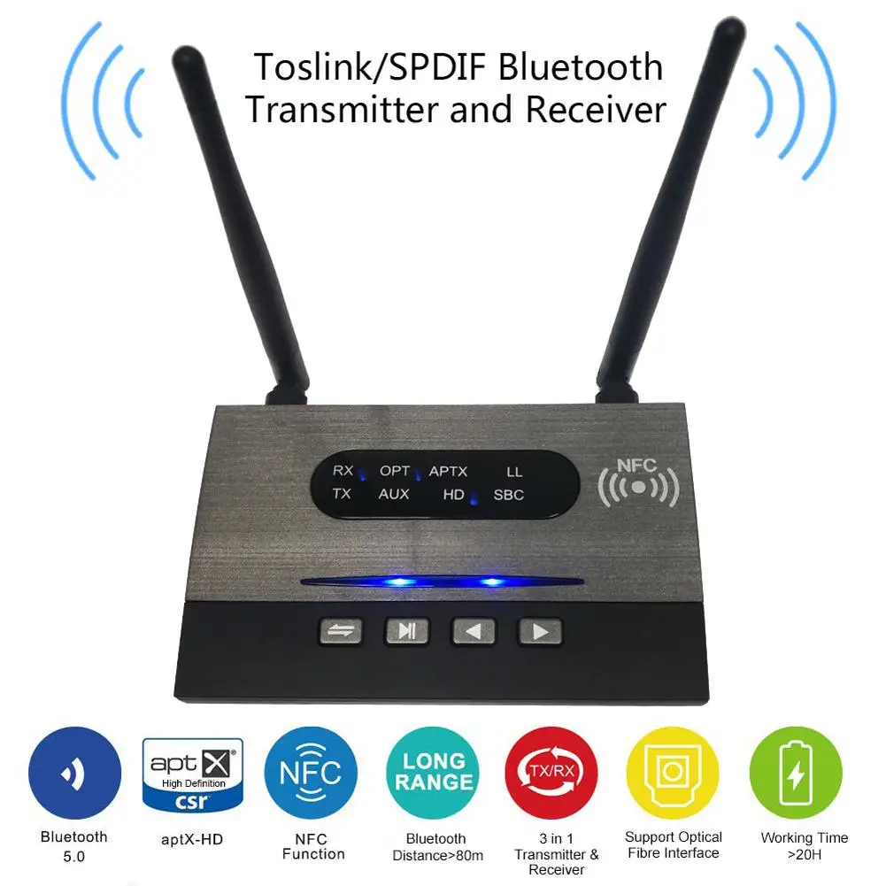 

B22 Remote Bluetooth 5.0 Transmitter Receiver Bypass 3-in-1 Wireless Audio Adapter Supports APTX HD Low Latency Fiber RCA