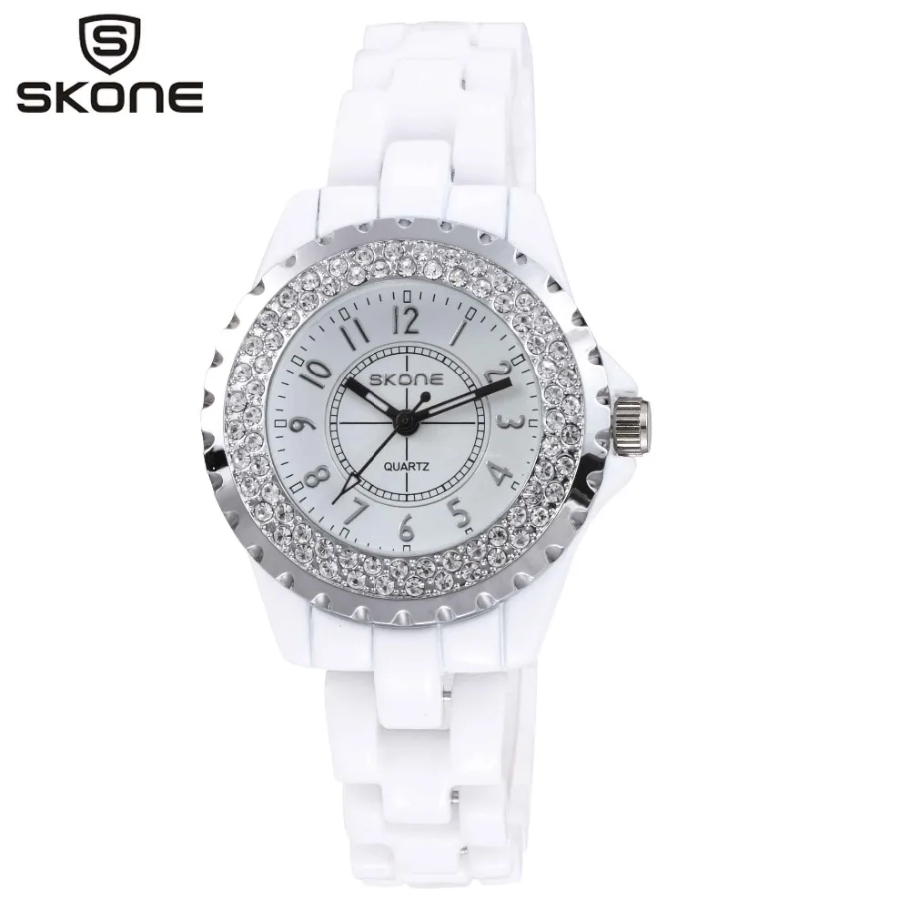 SKONE женские часы топ известный бренд Роскошные повседневные кварцевые часы модные часы с керамическим ремешком женские часы с бриллиантовым камнем relogio feminino