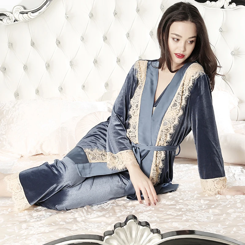 

Pajamas Ladies Sleepwear Elegant Long Pants Set Pajamas suit Women Fashion Sleepwear Robe 3pcs
