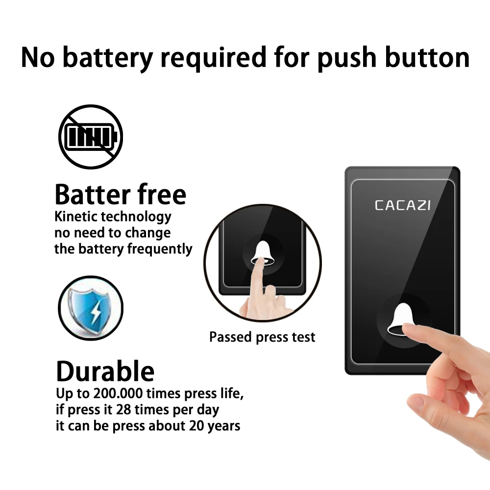 CACAZI No Battery Required Wireless Doorbell Self-powered Waterproof Intelligent Home Door ring Bell US EU UK Plug 58 Chimes CACAZI No Battery Required Wireless Doorbell Self-powered Waterproof Intelligent Home Door ring Bell US EU UK Plug 58 Chimes