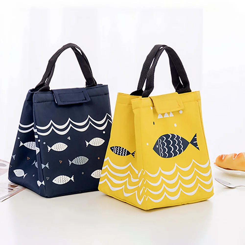 

Thermal Insulated Tote Portable Container Lunch Bag Oxford Cloth Little Fish Pattern Handbag Large Capacity Storage Food Pouch