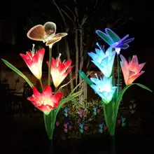 Солнечное садовое освещение наружное солнечное освещение наружное водонепроницаемое многоцветное изменение с цветами лилии бабочки стрекозы