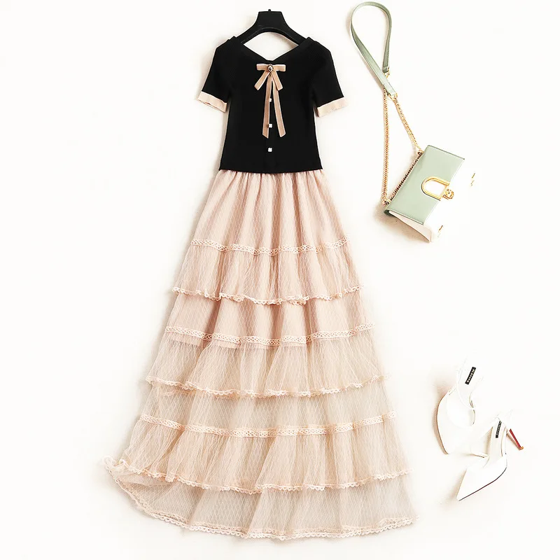 

Summer Dress 2019 Women Fashion Designer Short Sleeve Bowknot V Neck Knitted Patchwork Fit and Flare Ruffles Layered Cake Dress