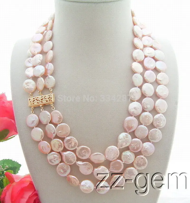 

100% Selling Picture full 3Strds 12MM Natural Pink Pearl Necklace