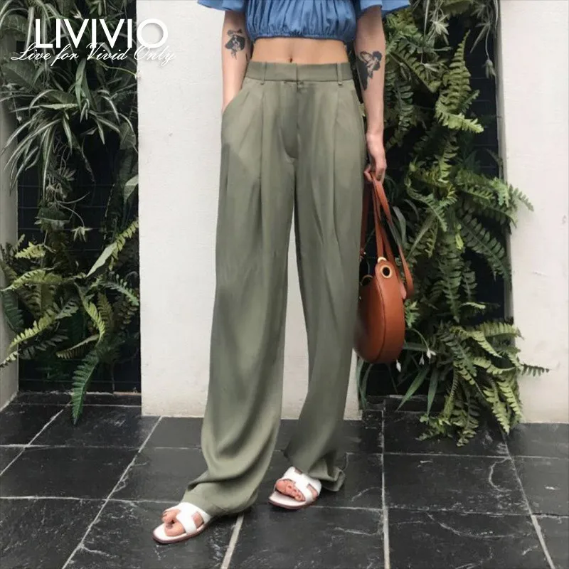 

[LIVIVIO] Streetwear High Waist Long Palazzo Wide Leg Pants Women Black Loose Trousers Neon Green Korean 2019 Summer Clothes