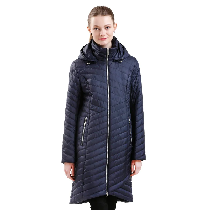 Весенняя женская длинная парка, новое элегантное пальто со стоячим воротником, женская теплая приталенная куртка размера плюс, съемные пальто с капюшоном, AllureAmore - Цвет: D blue 200