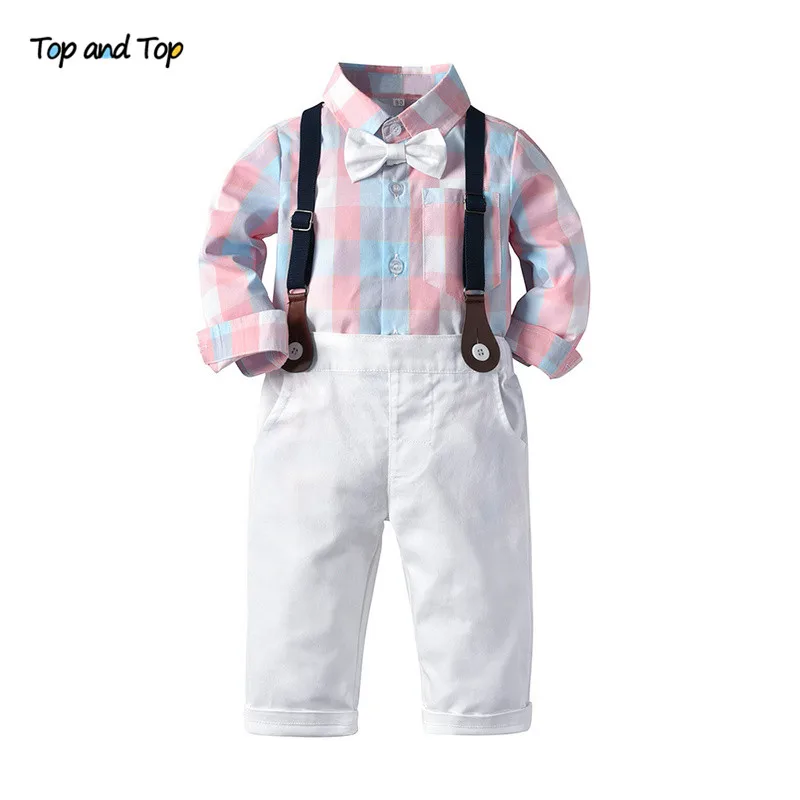 Top and Top Autumn Fashion Kids Boys Casual Clothing Sets Long Sleeve Plaid Bowtie Shirt+Overalls Children Gentleman 2Pcs Suit