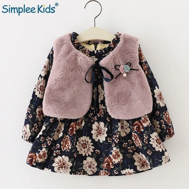 

Fall Winter Wear Brand 2018 New Baby Girls Clothes Long-sleeved Floral Plus Velvet Dress+Fur Vest 2Pcs Suit Girls Clothes Sets