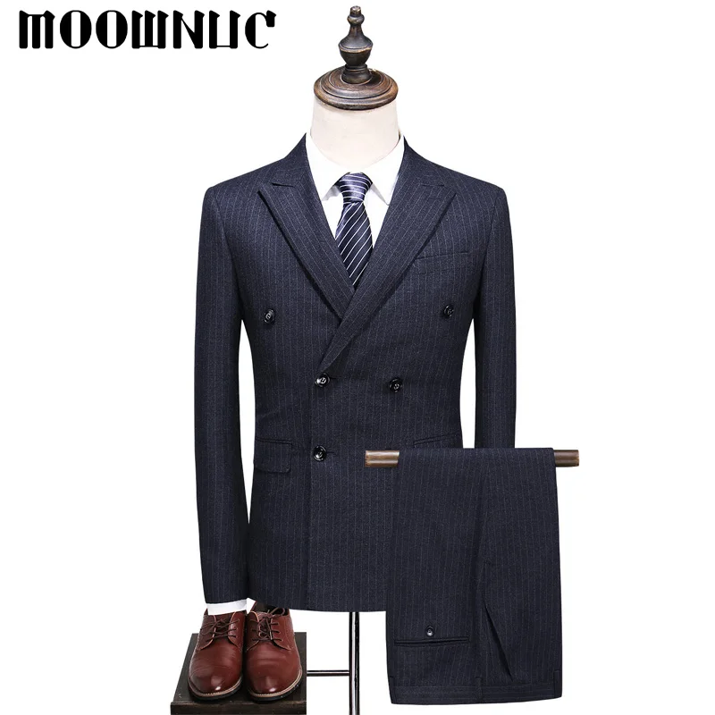 

Three piece set Strip Business Casual Suits Trousers Vest High Quality Classic Men MOOWNUC Fashion Groom's suit Double-breasted