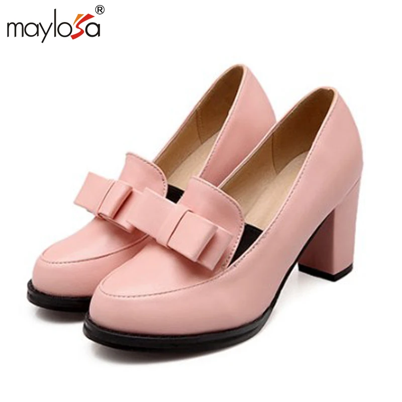 

2016 Preppy Style Colored Shiny Cracked Bow Tie Thick Heel Pumps Women Casual Sweet Round Toe Slip-On Loafers Shoes Office Heels