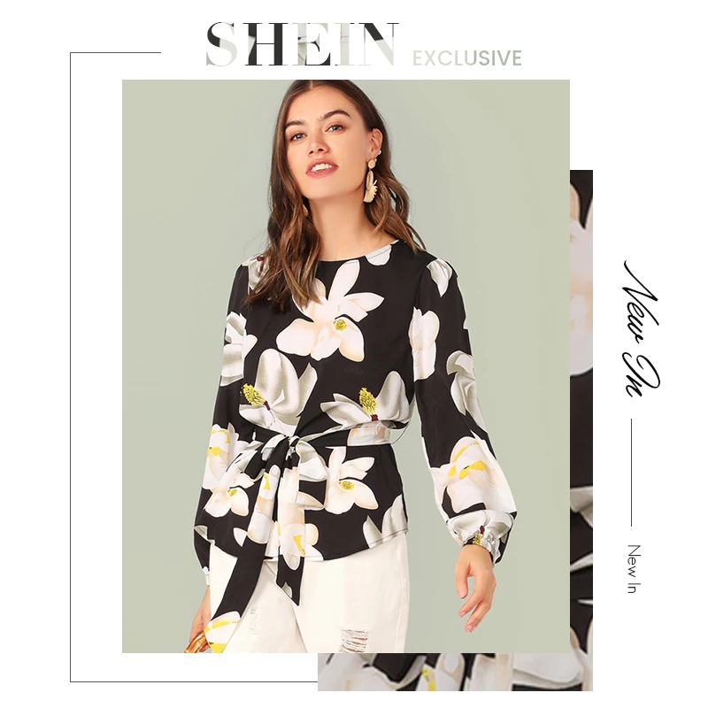 SHEIN блуза с цветочным принтом и закругленным подолом, с поясом, с рукавом Бишоп, элегантная, с поясом, весна-осень, блуза с круглым вырезом