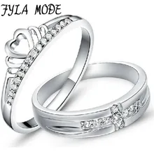 Fyla Mode 1Pair=2pcs 925 Sterling Silver Ring Jewelry Engagement Love Crown Cross Zircon Wedding Lovers Couple Rings Women Men