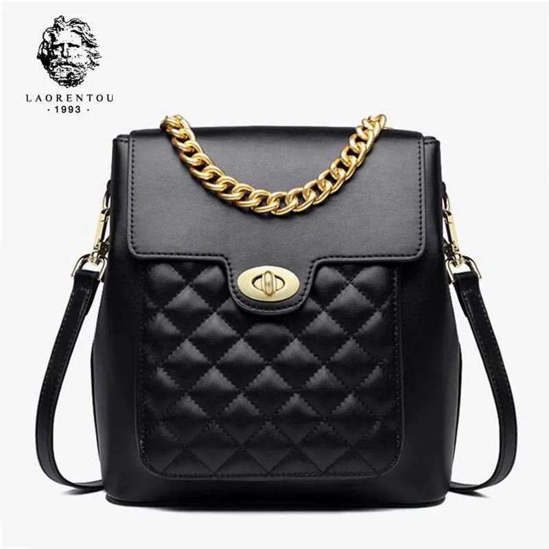 

LAORENTOU New 2019 Women leather backpack student bag women backpack fashion Lingge travel backpack Dual-use backpack