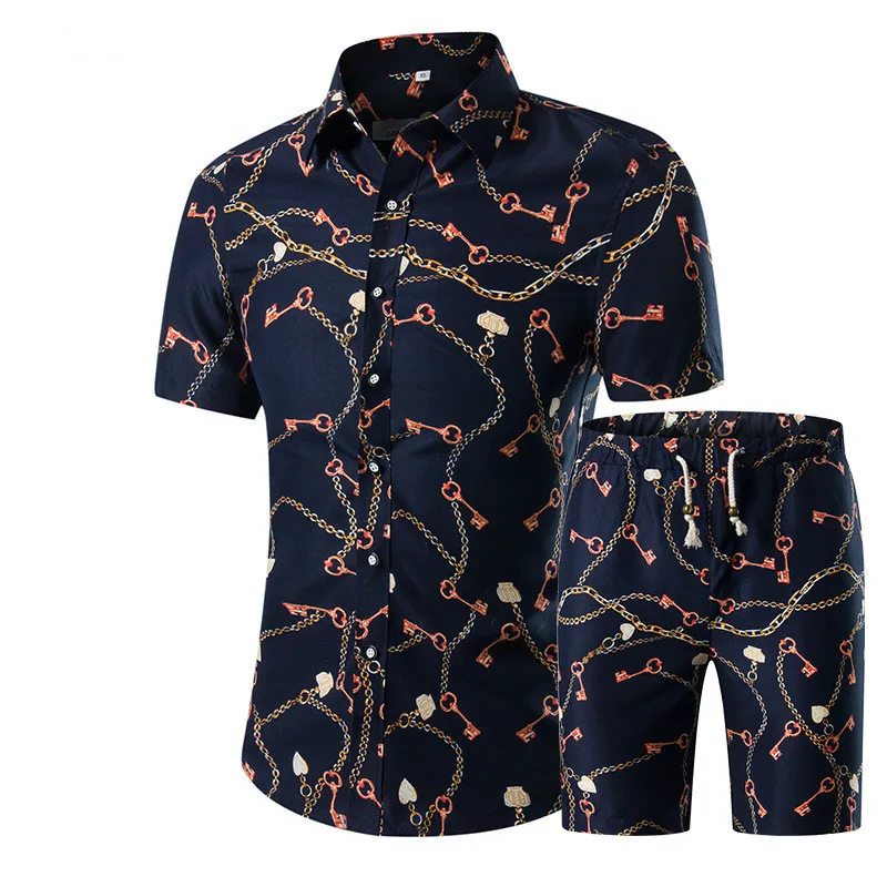FDWERYNH Лето Для мужчин комплекты 2018 новый цветочный принт короткий рукав футболки модные Повседневное Slim Fit отложной воротник Для мужчин