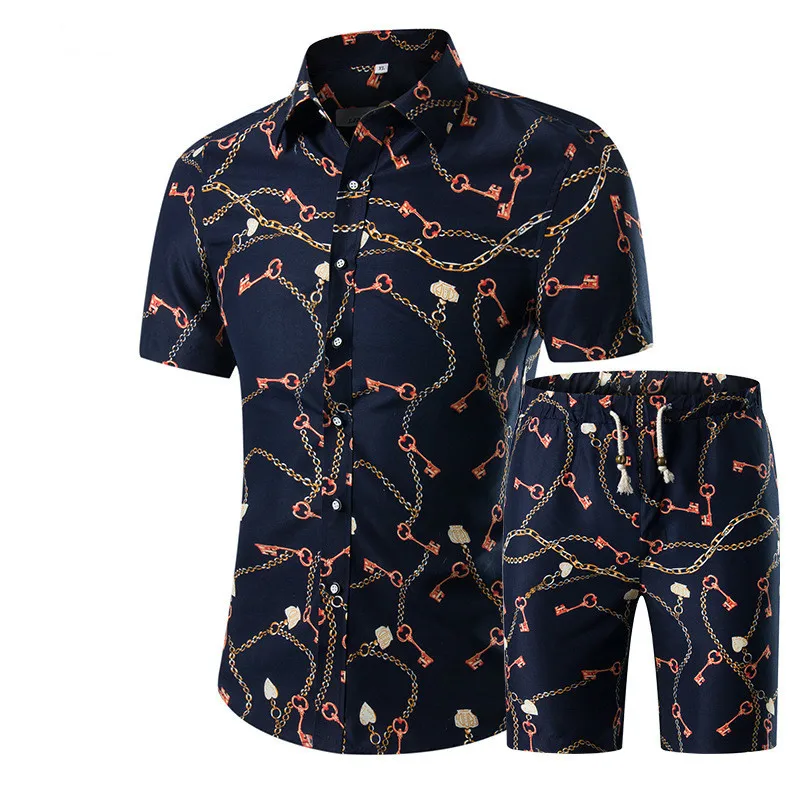 

FDWERYNH Summer Men Sets 2018 New Print Floral Short Sleeve Shirts Sets Fashion Casual Fit Slim Turn-down Collar Men Suits