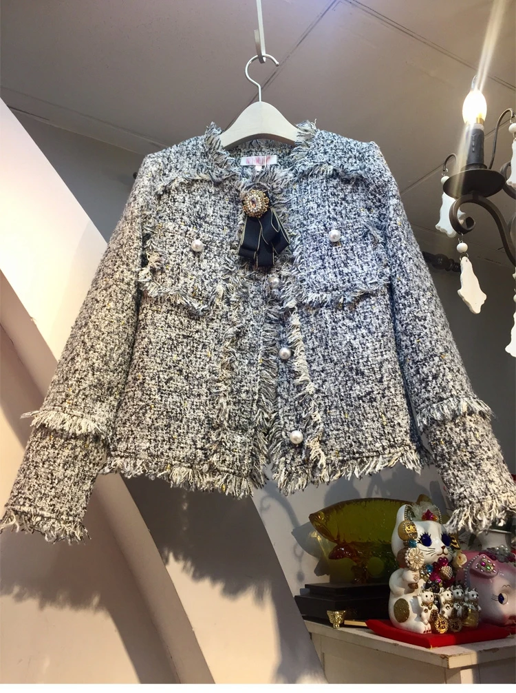 Подиум осень зима кисточкой женское твидовое пальто с длинным рукавом элегантные свободные модные женские топы с жемчужной пуговицей