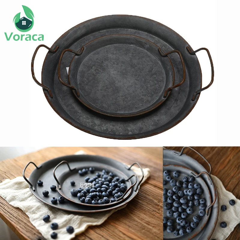 

Retro Bread Tray Retro Round Iron Plate Home Decoration Vintage Candle Butter Food Plate With Handles Photographing Tools