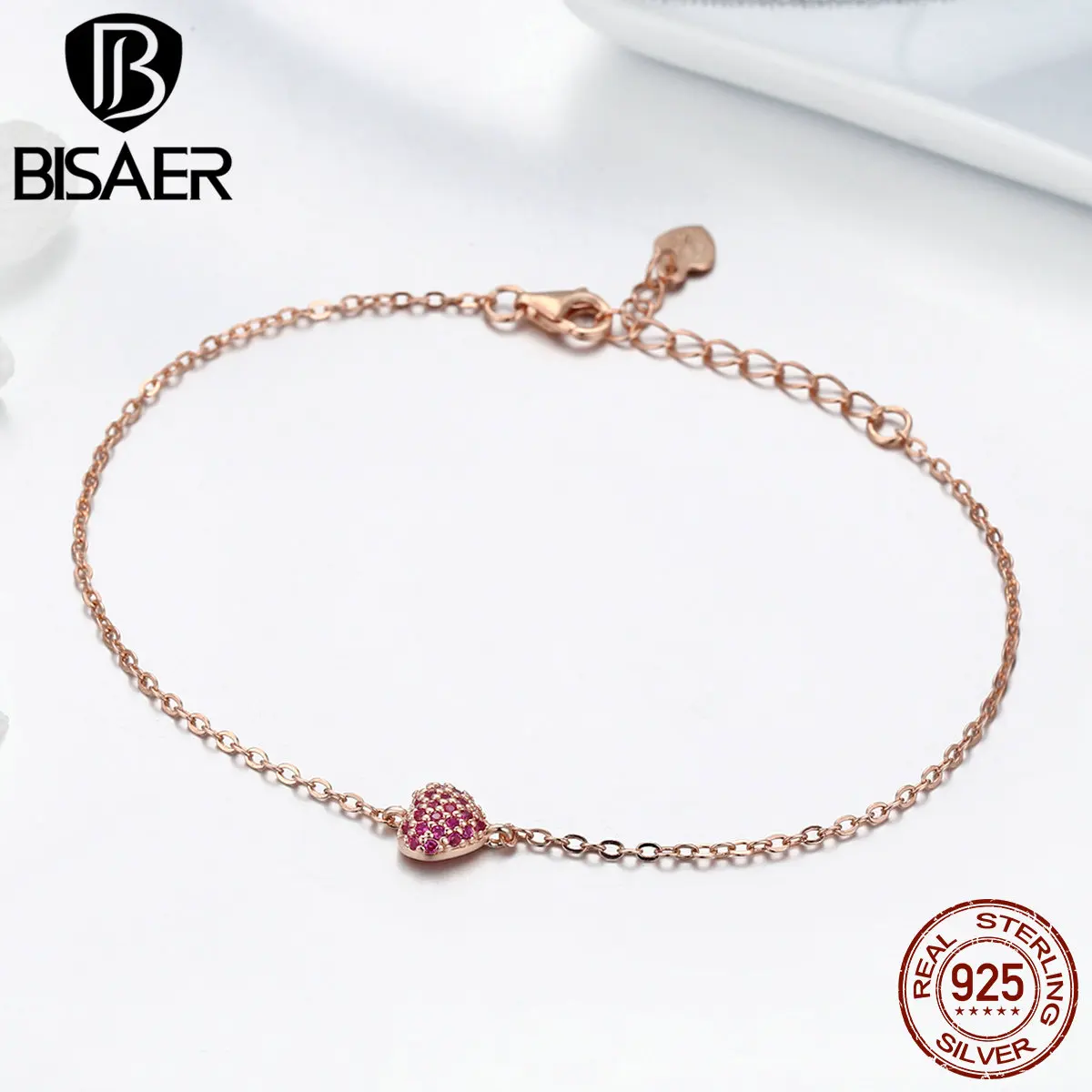 

BISAER 100% 925 Sterling Silver Romantic Love Heart Pink CZ Rose Gold Color Women Link Bracelet Valentine Day Gift Bijoux GXB050