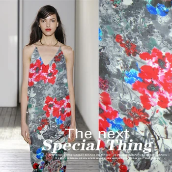 

LEO&LIN silk chiffon dress spring summer elegant ink painting Safflower width cloth pants (1 meter)